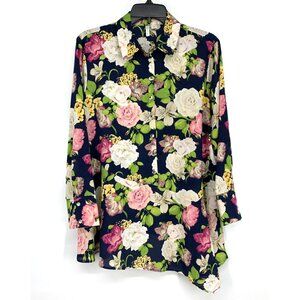 Cato Top Blue Floral Button Down Long Sleeve Asymmetrical